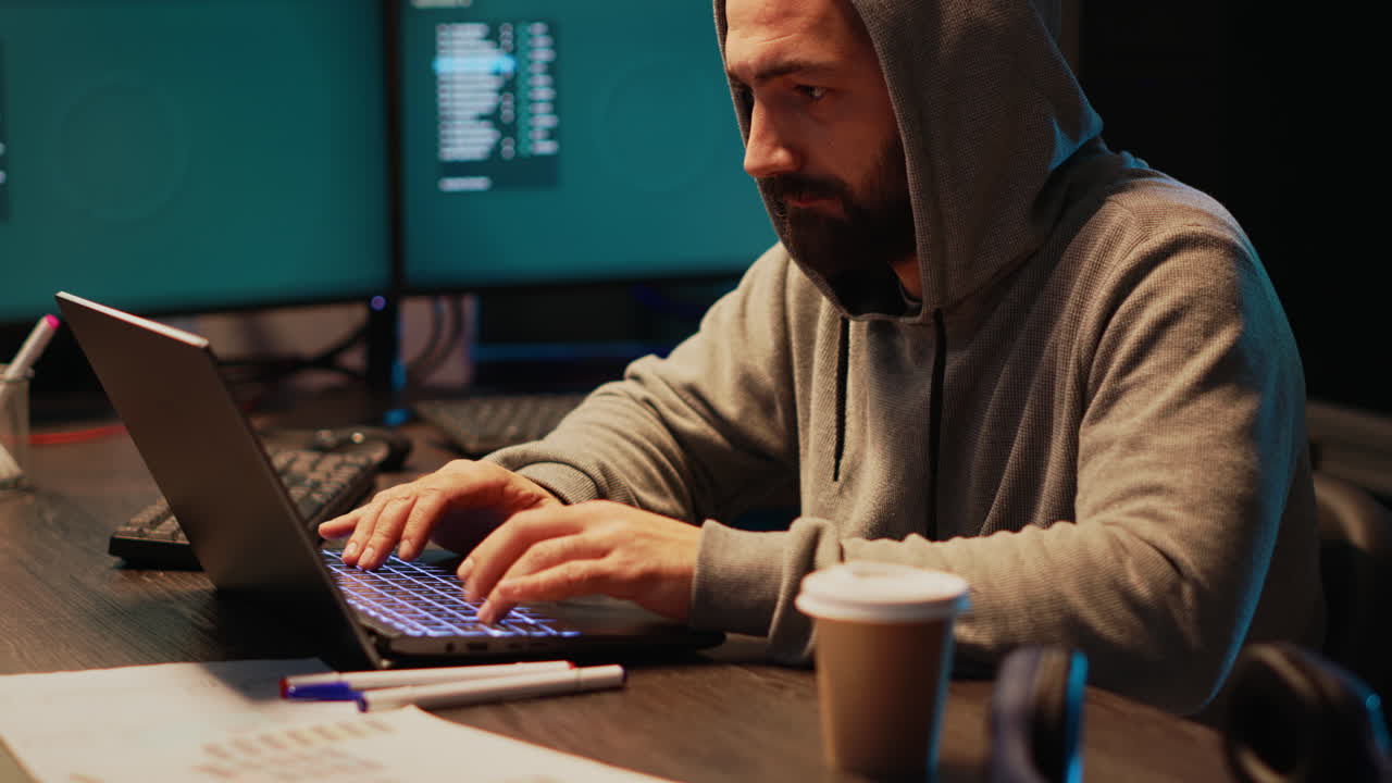 Hacker typing code on laptop