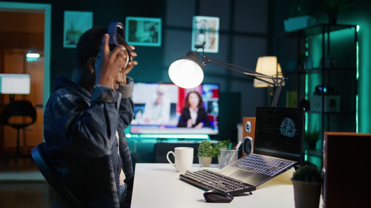 집 사무실에서 노트북으로 늦게 일하는 여자