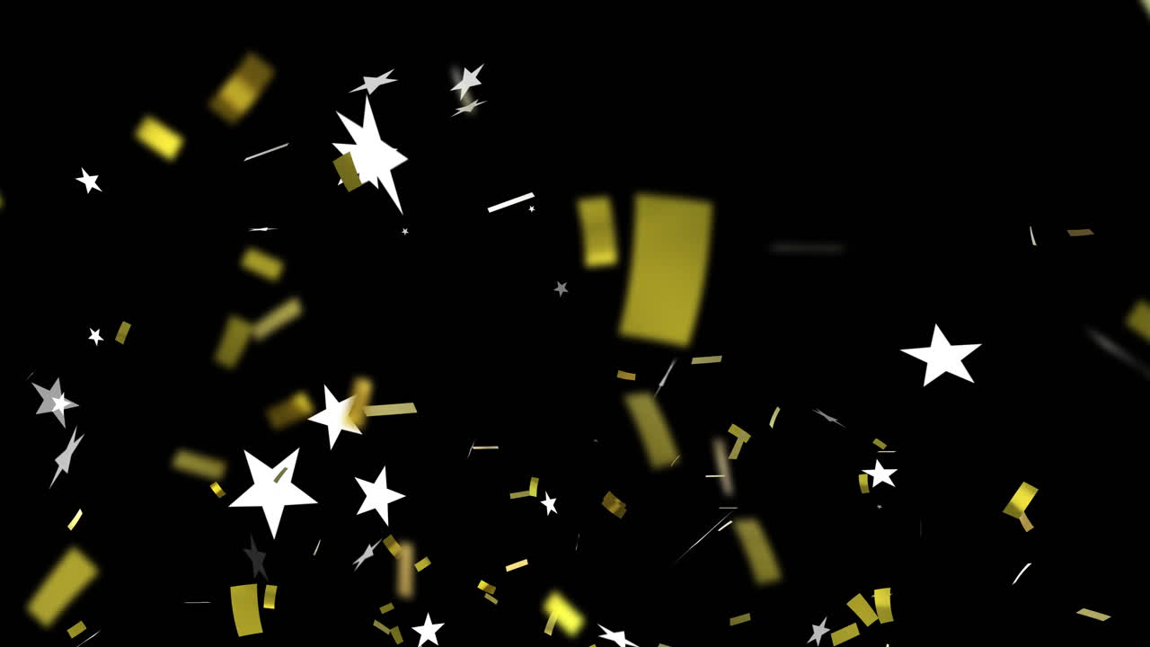 Gold and white stars with confetti falling animation on black background