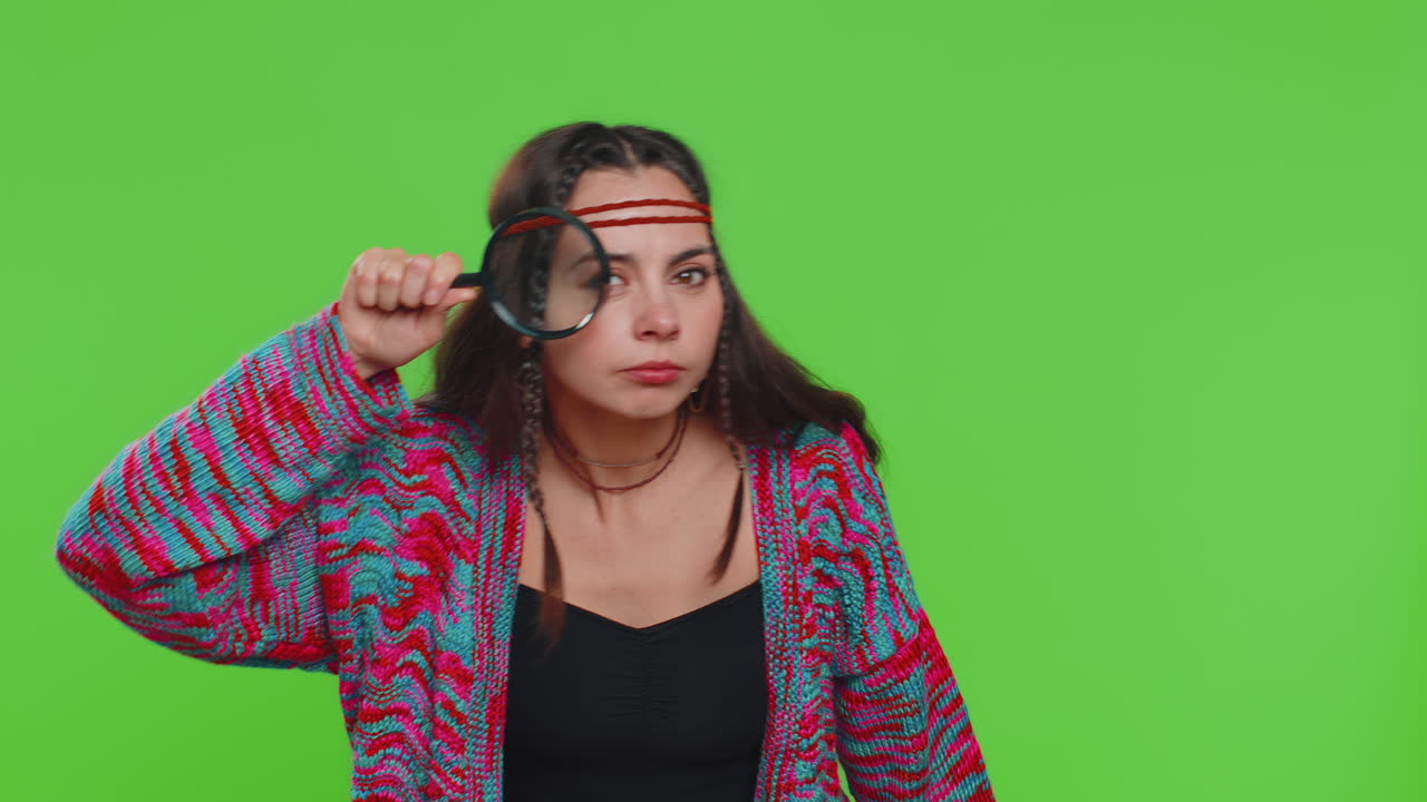 Woman looking through a magnifying glass on a green screen