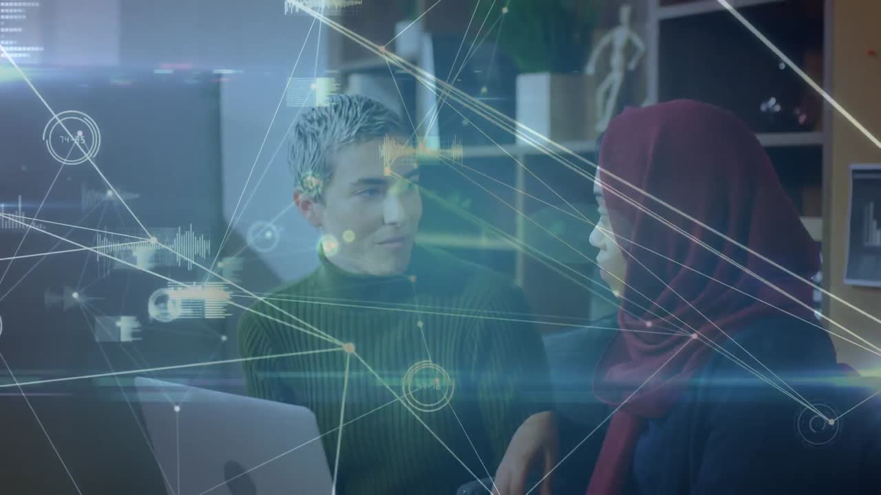 Animation of connections over diverse women working together in office