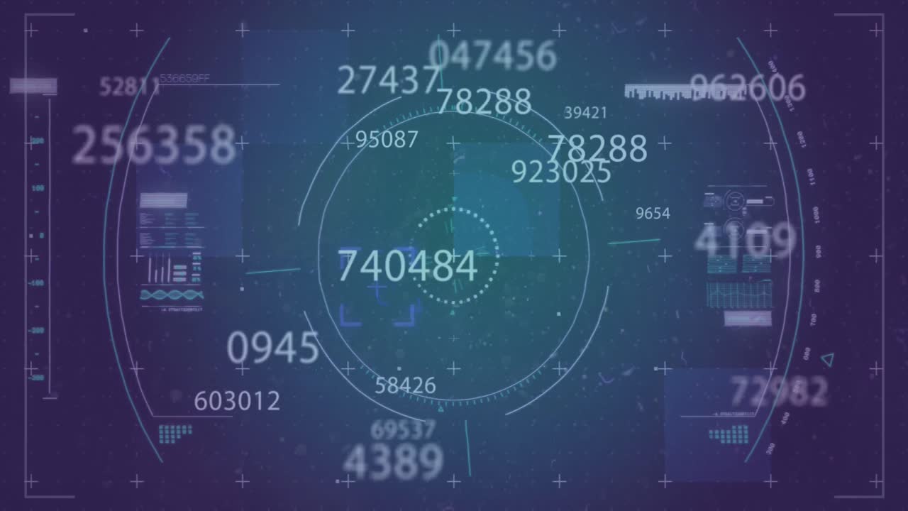 animación del efecto de glitch y escaneo de alcance sobre múltiples números cambiantes contra fondo azul