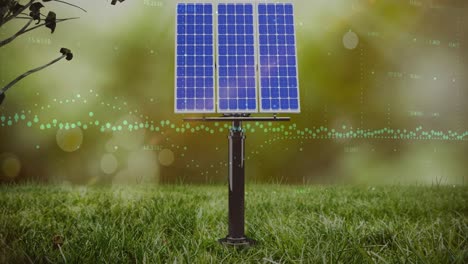 Animation-of-data-processing-over-solar-panel-on-grass-against-spots-of-light