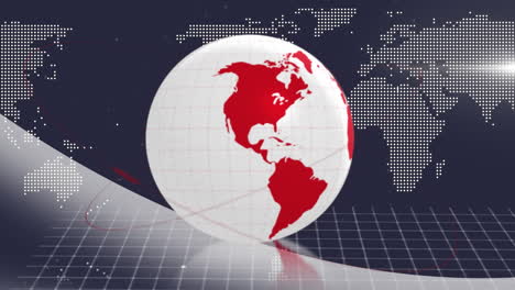 animation of spinning globe and world map over red abstract shapes against blue background