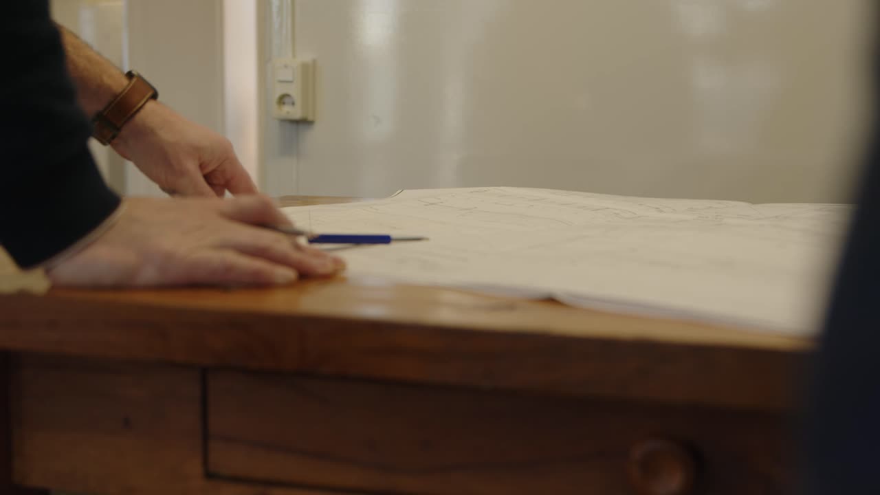 청사진을 가리키고 그리는 두 사람의 클로즈업