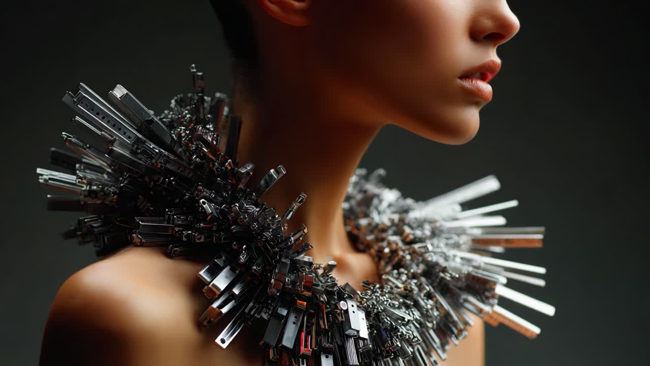 A striking close-up of a model showcasing an innovative metallic jewelry piece that merges fashion with art, emphasizing intricate designs and modern aesthetics in photography