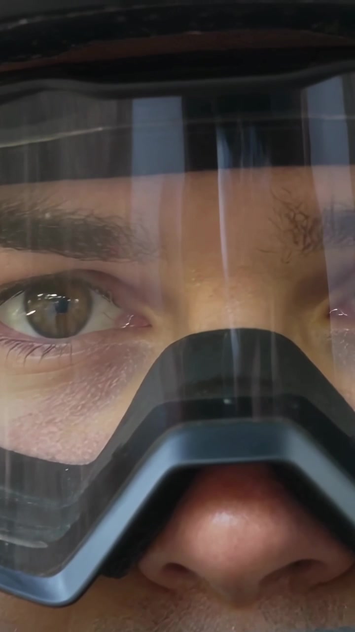 Vertical video: Shifting man reacting inside helmet to visor light, showing goggles and chin bar