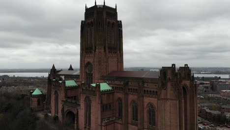 drone shot flying towards liverpool cathedral on a damp arpil morning