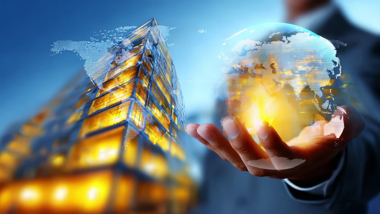 A business professional showcases innovation by holding a glowing globe in one hand, symbolizing global influence, connection, and the potential of digital transformation in a modern cityscape