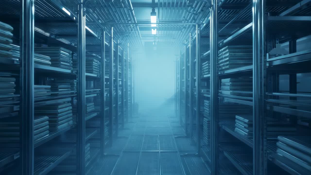 Camera starting moving down aisle with metal shelves holding files under lights, revealing fog