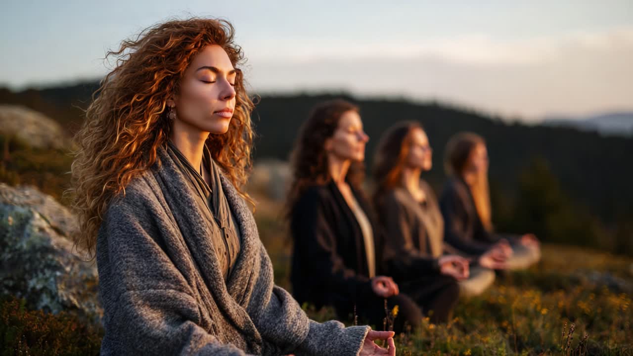Women Meditating in Nature's Serenity: A Captivating View of Inner Peace and Connection Amidst Stunning Mountain Landscape at Sunset