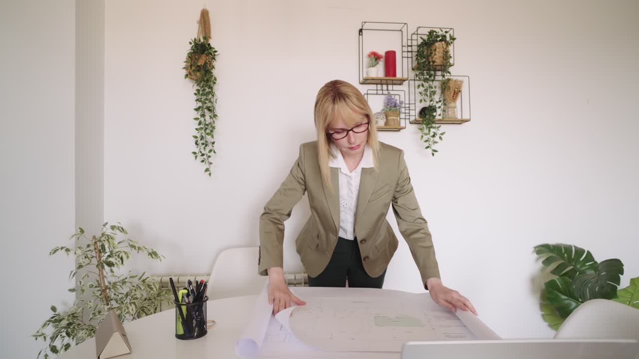 Woman with blueprint in office