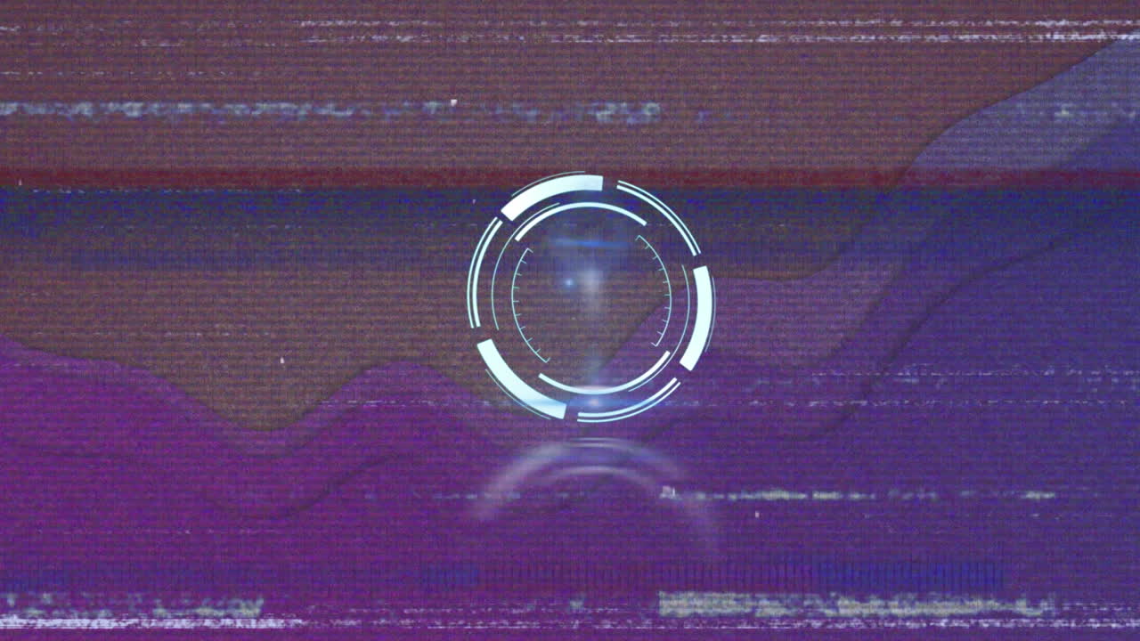 Digital animation of neon round scanner and tv static effect against purple background
