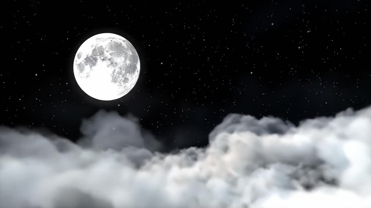 A Mesmerizing Night Sky with a Brilliant Full Moon Surrounded by Wispy Clouds and Glittering Stars, Evoking a Serene and Mystical Atmosphere