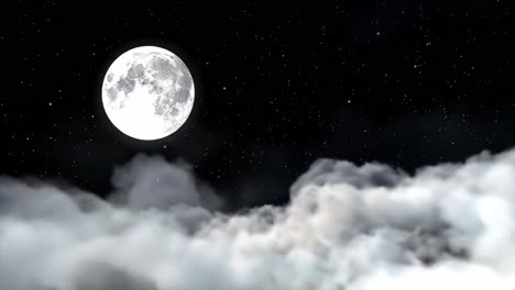 a mesmerizing night sky with a brilliant full moon surrounded by wispy clouds and glittering stars, evoking a serene and mystical atmosphere
