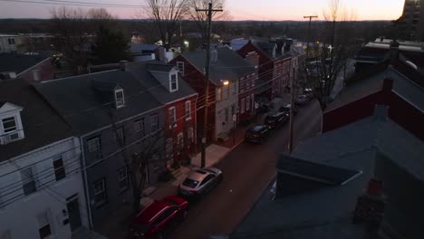 aerial view of row houses at dusk