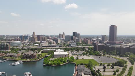 Buffalo,-New-York-skyline-with-marina-drone-video-moving-up