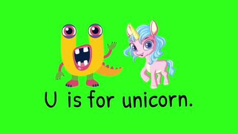 bright animation with a playful monster and unicorn on a green background, teaching the letter u
