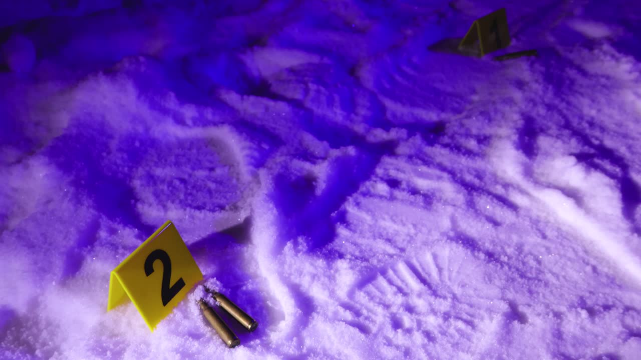 Crime scene evidence markers beside spent bullets in fresh snow illuminated by flashing red and blue police lights