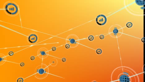 Animation-of-digital-network-and-graph-icons-interconnecting-with-lines-over-orange-background