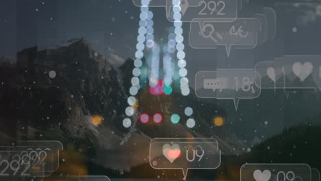 animación de iconos de redes sociales sobre luces desenfocadas y paisaje urbano