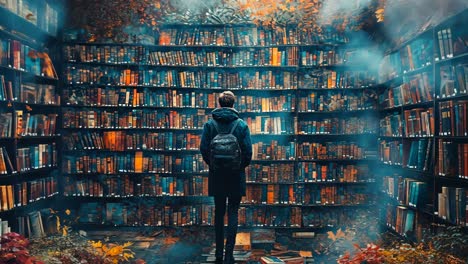 a person stands in awe in a library filled with towering bookshelves