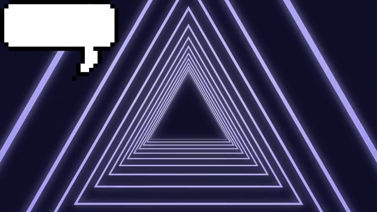 검은 바탕에서 움직이는 음성 거품과 파란색 선형 삼각형의 애니메이션