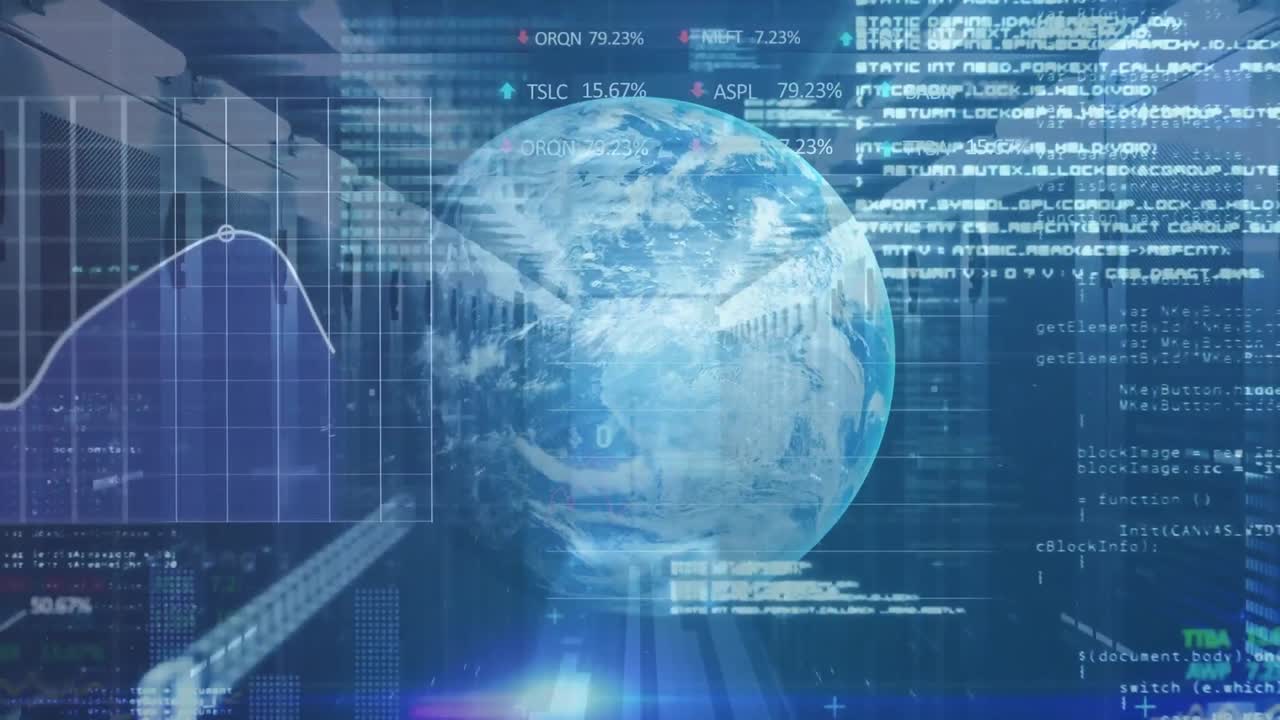 Animation of globe, binary coding and data processing over computer servers