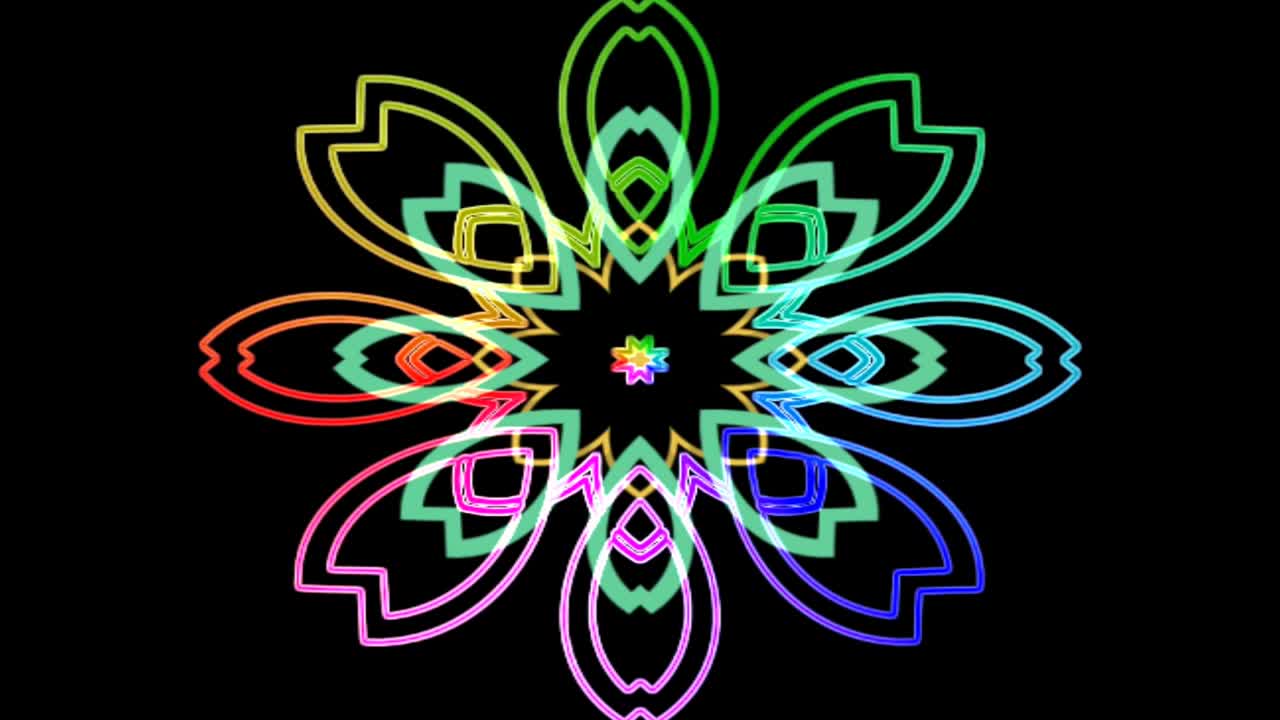 다채로운 네온 조명과 함께 칼레도스코프 패턴 모션 배경.