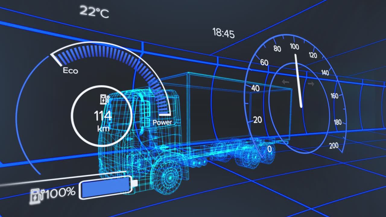 Animazione di tachimetro su progetto di camion elettrico su sfondo blu scuro