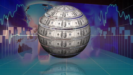 globo de billetes de dólares estadounidenses girando contra el procesamiento de datos estadísticos en fondo azul