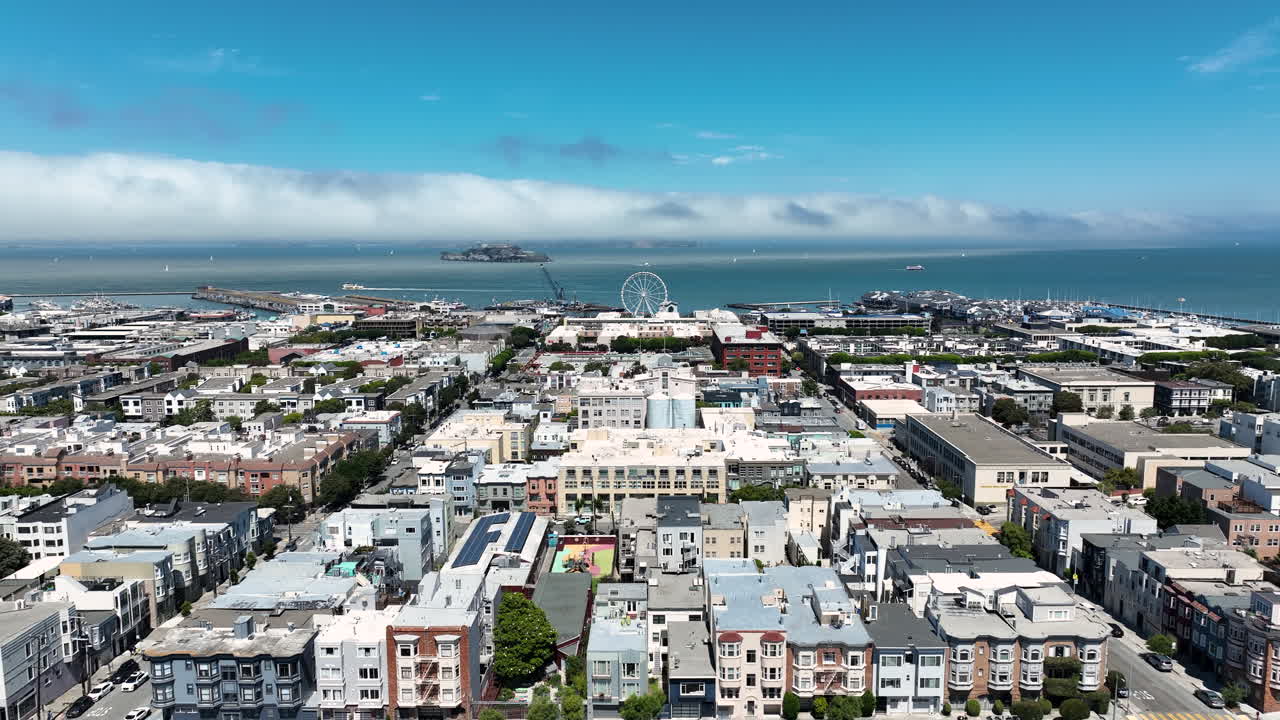 Aerial View Of San Francisco City Overlooking The SkyStar Wheel Fisherman’s Wharf, Bay And Alcatraz Island In California, USA