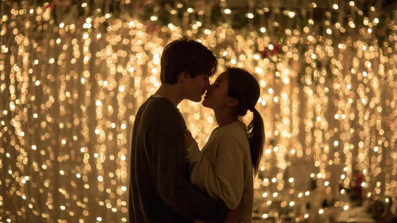 A Romantic Moment Captured: Two Lovers Share a Tender Kiss Against a Magical Backdrop of Twinkling Lights and Warm Emotions, Emphasizing Connection and Intimacy