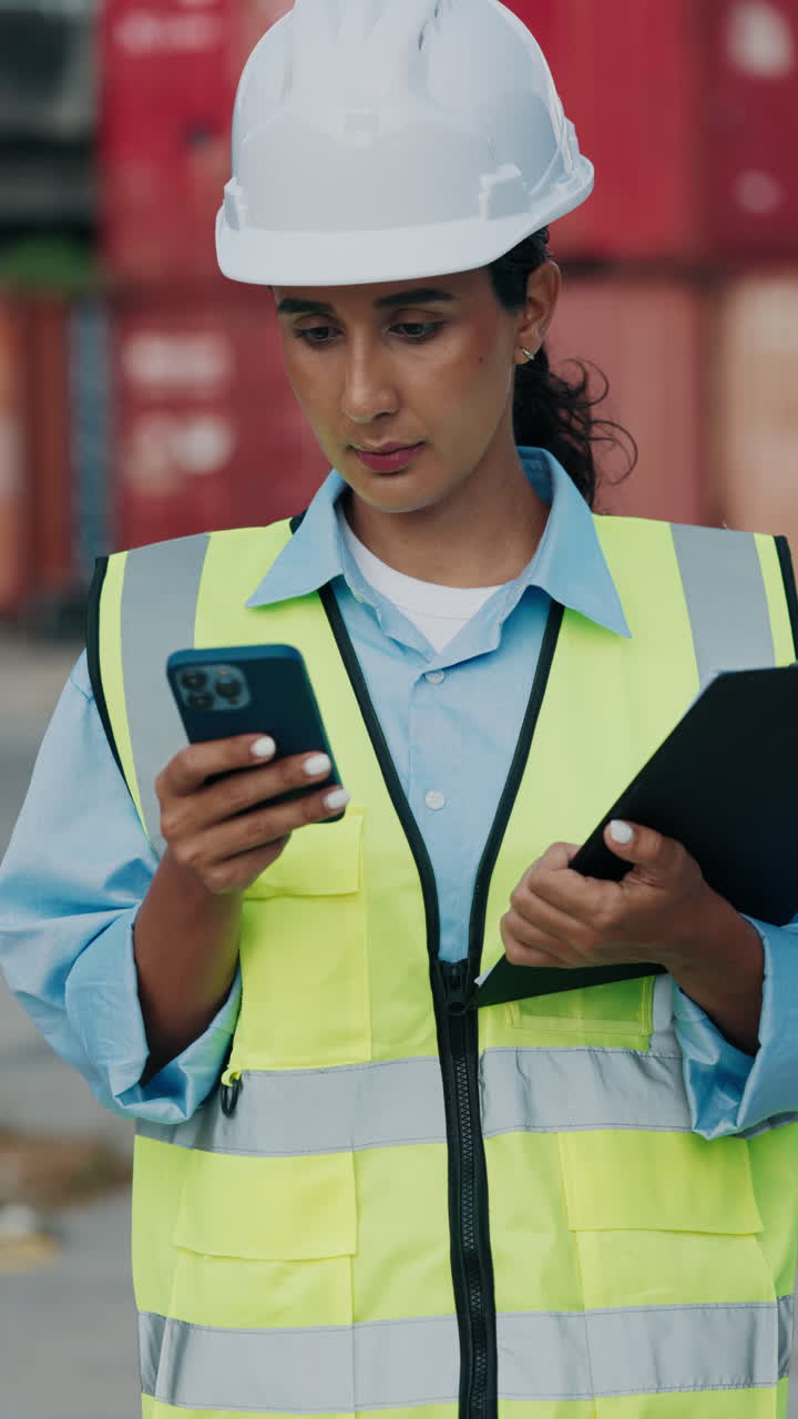 Woman Worker using Smartphone and Documents at Port