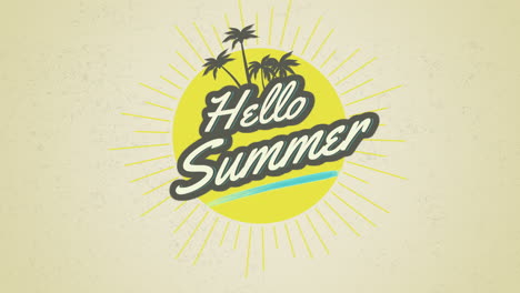 hola verano con gran sol amarillo y palmeras en textura retro