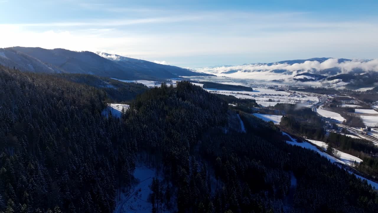 Mountainous Forested State Of Styria During Winter In Southern Austria. Aerial Drone Shot
