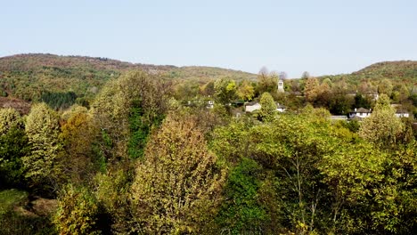 Peaceful-remote-forest-village-Bozhentsi-Autumn-drone-slide-shot