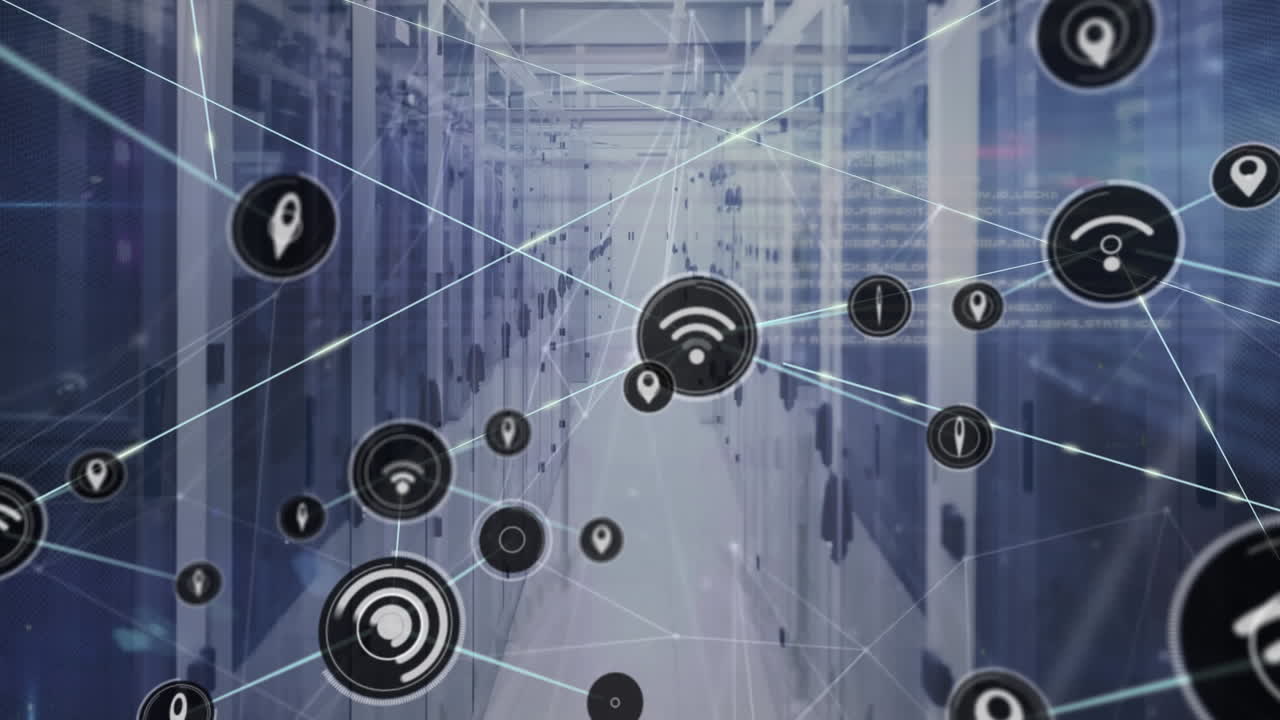 animación de la red de conexiones con iconos y procesamiento de datos a través de servidores informáticos
