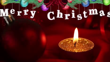 Animation-of-merry-christmas-text-over-christmas-decoration-and-candle