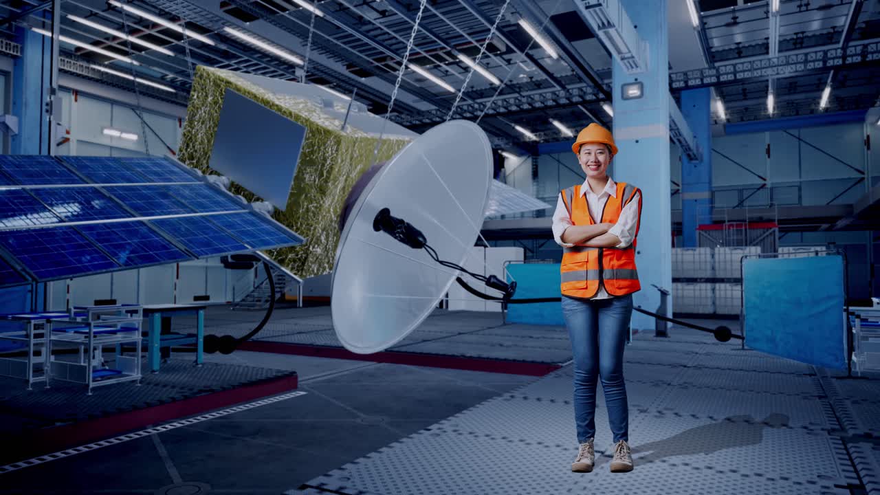 mujer ingeniera en la instalación de tecnología espacial