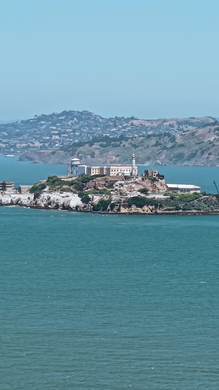 Vertical Aerial View of Alcatraz Island and Federal Prison in San Francisco Bay, California USA