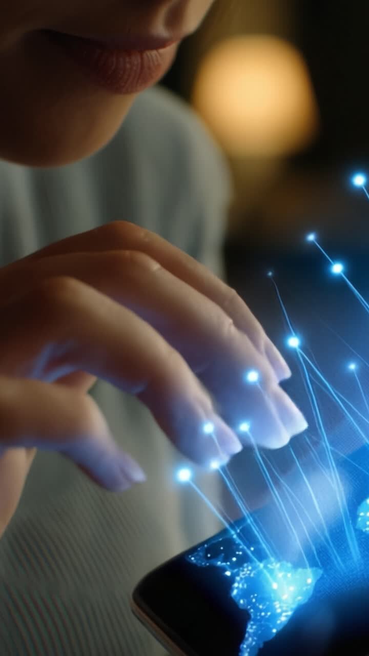 Primer plano de manos con un smartphone futurista, mostrando conectividad digital y tecnología interactiva con efectos visuales luminosos en la pantalla