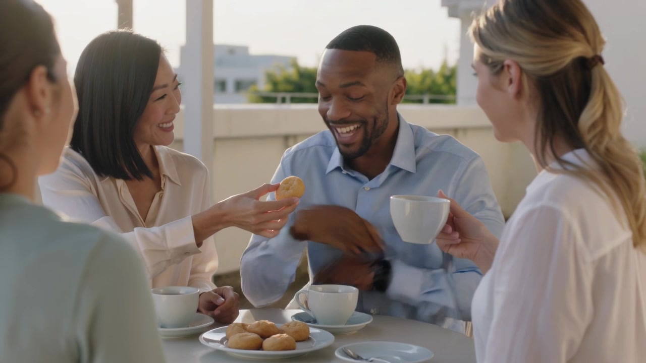Reaching black-haired woman passing pastry from plate to smiling man on rooftop during coffee break