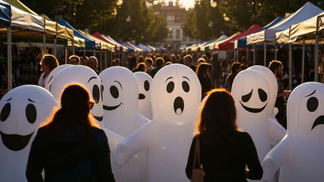 A Vibrant Marketplace Scene Featuring Inflatable Ghost Characters Entertaining Visitors Amidst Colorful Stalls and Illuminated Pathways, Capturing a Unique Atmosphere