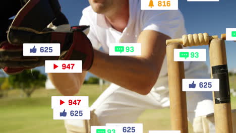 animation of social media icons with growing numbers over caucasian male cricket player