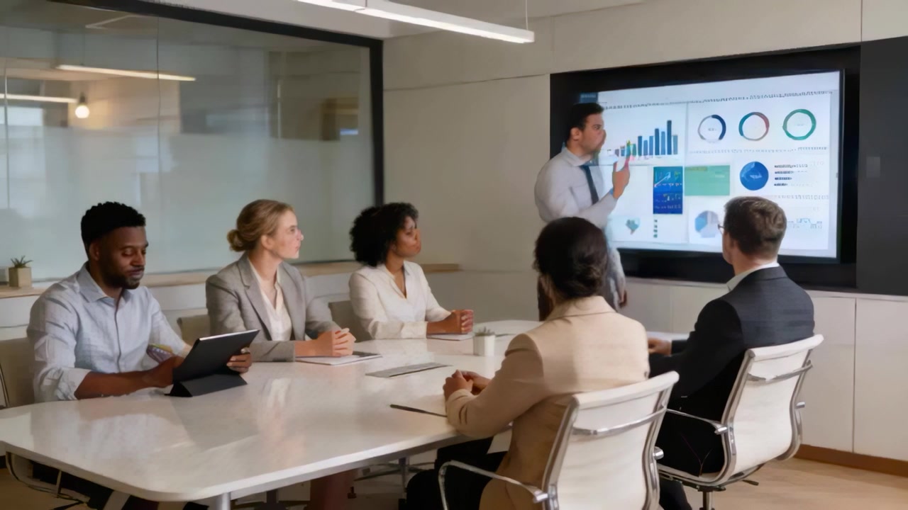 Selecting chart, presenter in tie explaining data on wall display in conference room with tablet