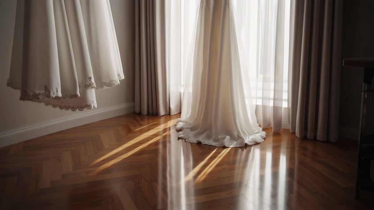 Elegant Wedding Dresses Hanging by the Window