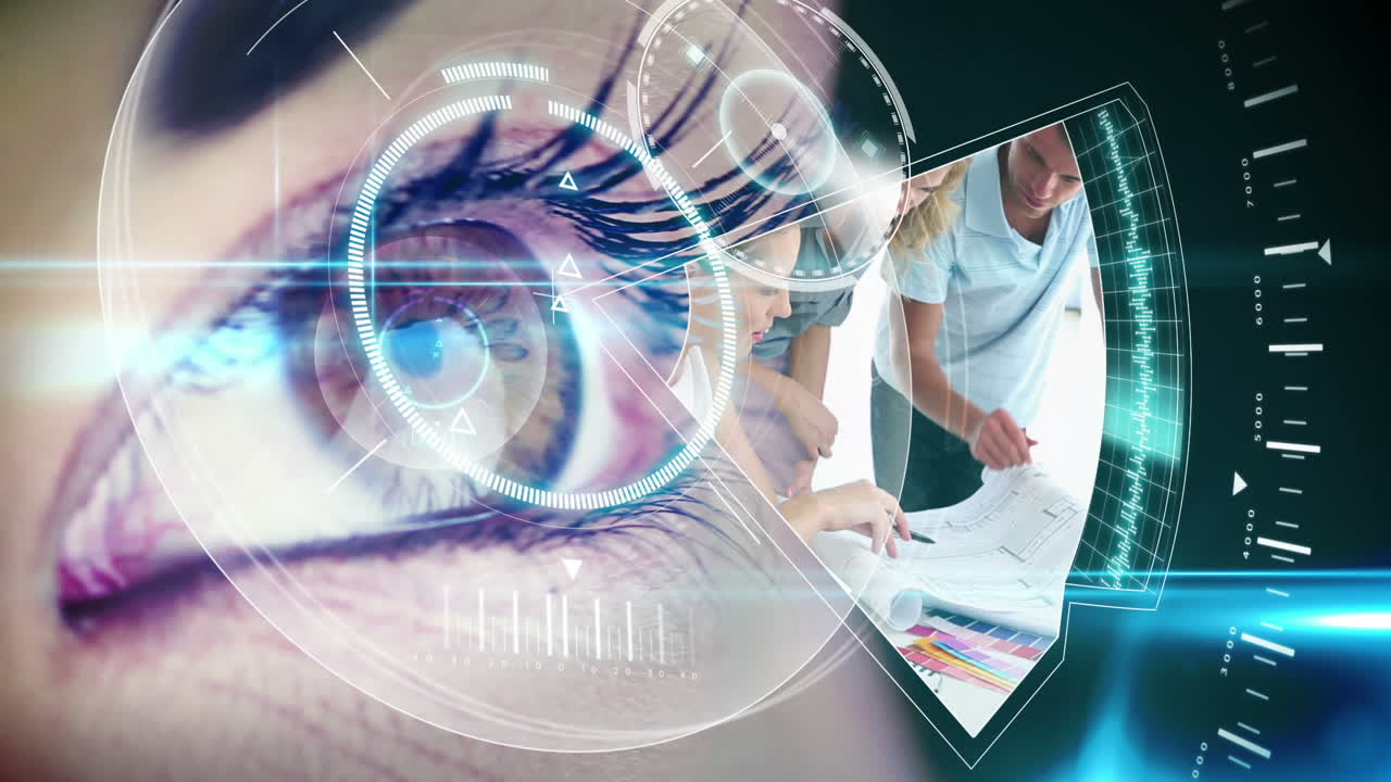 Eye looking at futuristic interface showing interior design clips