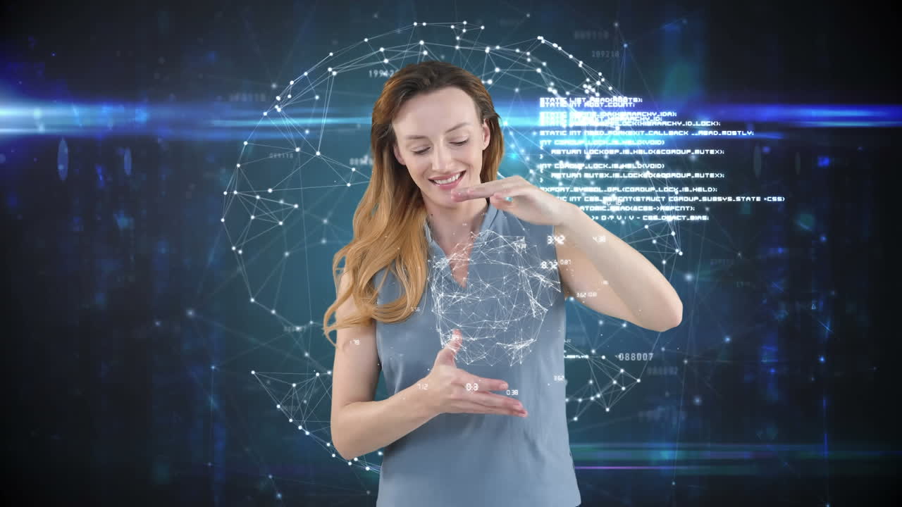 animación de una mujer caucásica usando una pantalla interactiva 3d, una red de conexiones que vinculan números