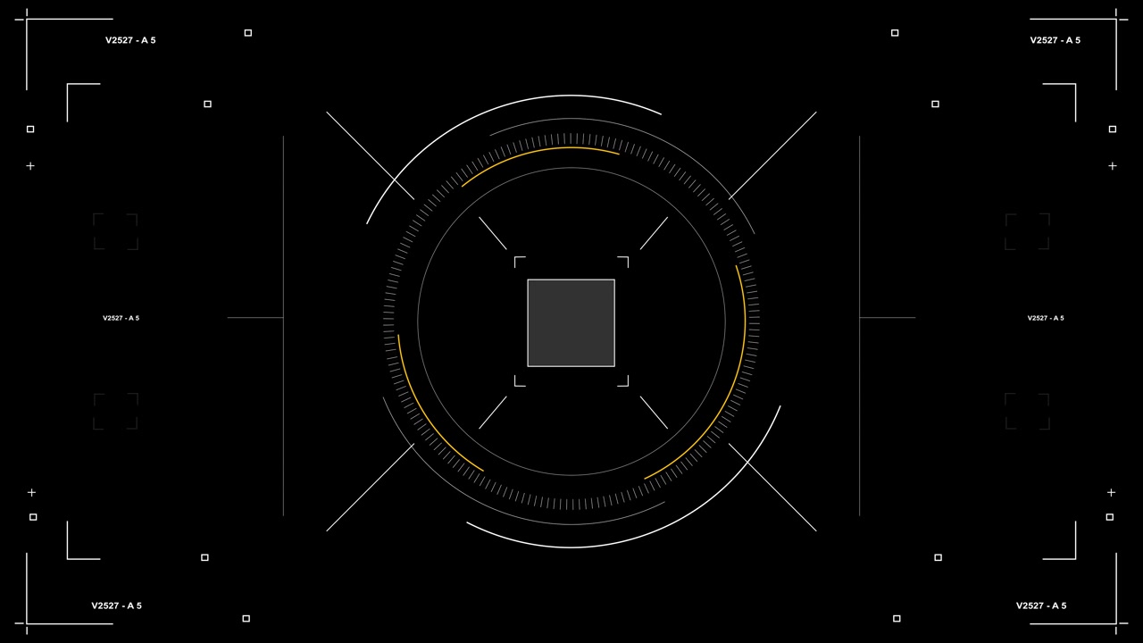 Futuristic black circular hud target interface tracking marks yellow arcs and clean camera focus